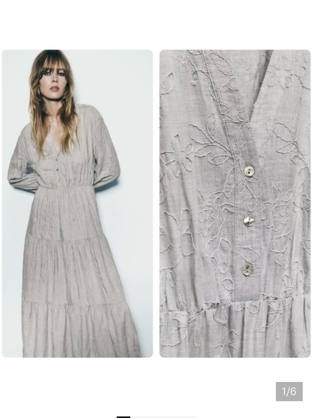 Zara NWT embroidered tiered midi dress gray